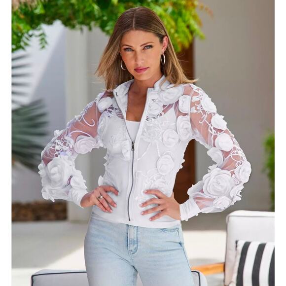Boston Proper Sheer White Floral Zip-Front Top – M Sexy Luxe Blouse - Picture 11 of 11